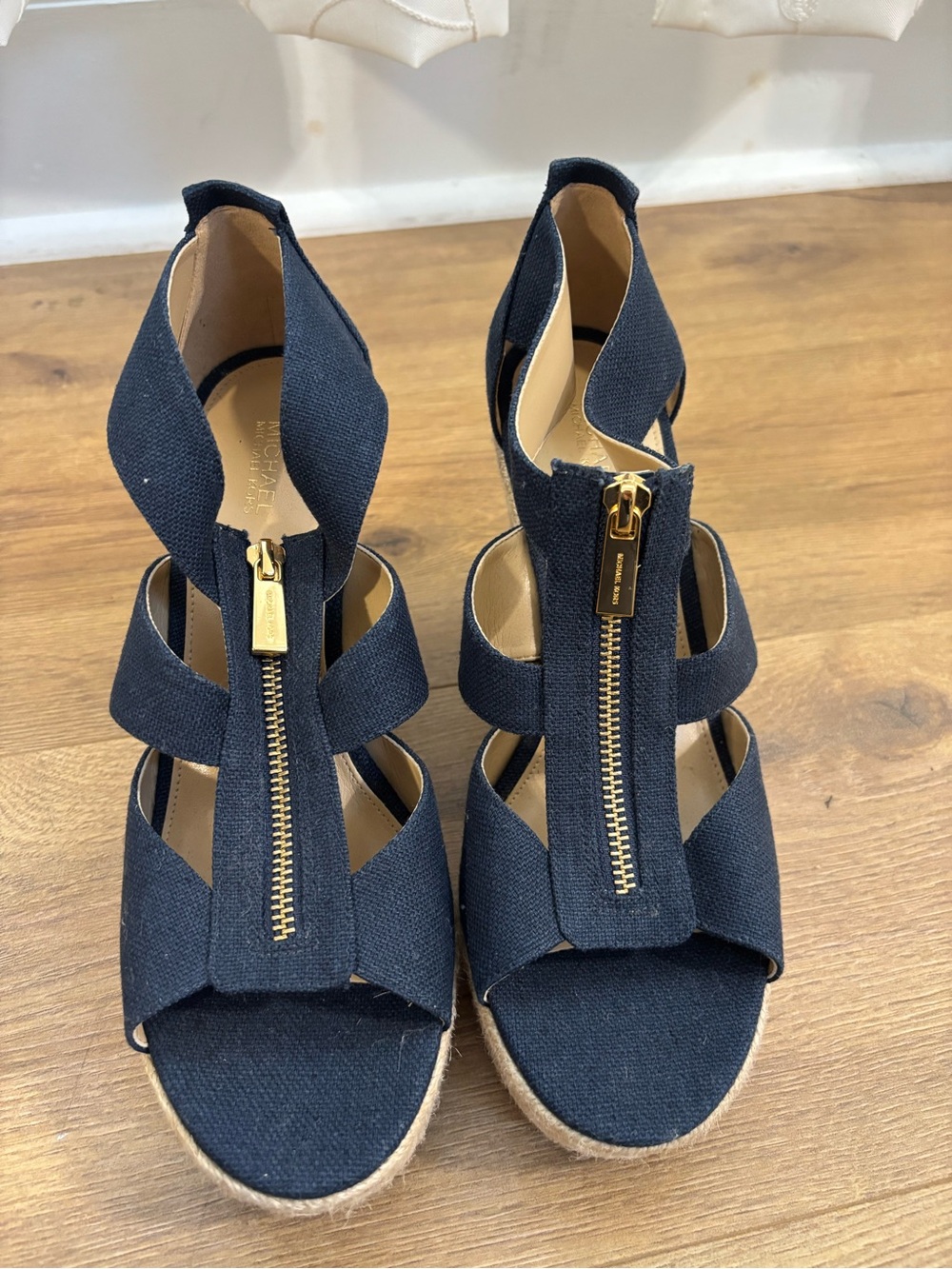Michael Kors Navy Fabric Wedge Sandals with Gold Zip